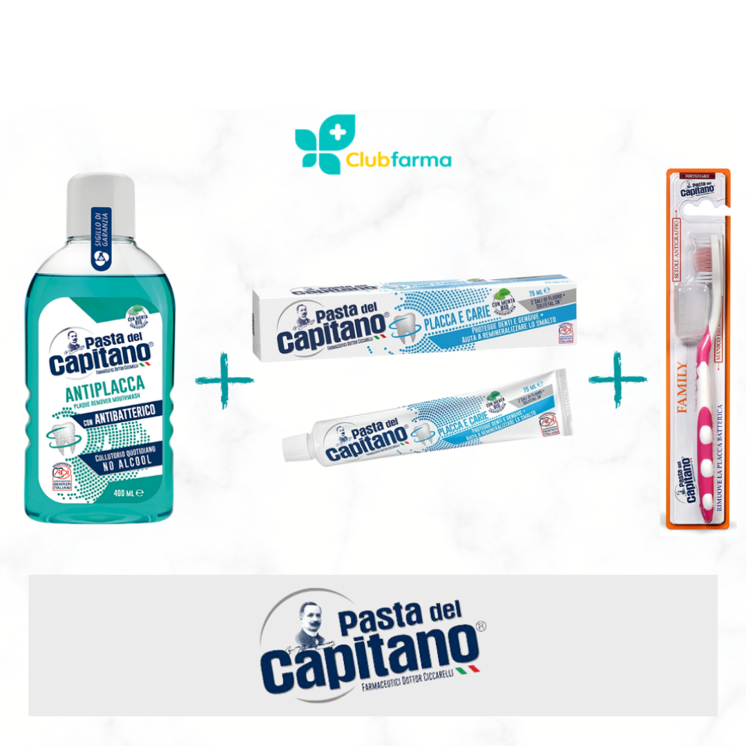Image of Pasta del capitano collutorio antiplacca 400 ml + dentifricio + spazzolino family cod085