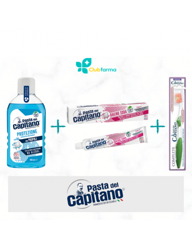 Pasta del capitano collutorio protezione 400 ml + dentifricio baking soda + spazzolino complete