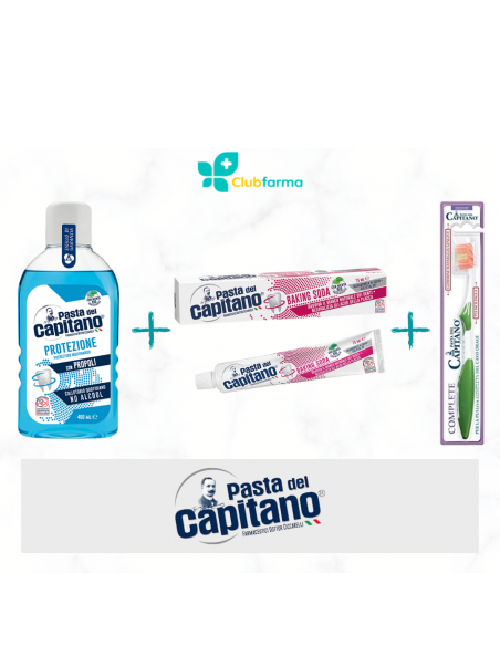 Pasta del capitano collutorio protezione 400 ml + dentifricio baking soda + spazzolino complete