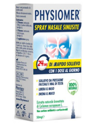 Physiomer spray nasale sinusite 2 pezzi 1 flacone da 50 mg di estratto di ciclamino naturale liofilizzato + 1 fiale da 5 ml di s