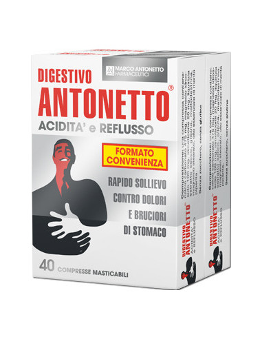 DIGESTIVO ANTONETTO ACIDITA' E REFLUSSO 80 COMPRESSE MASTICABILI 2 ASTUCCI DA 40 COMPRESSE