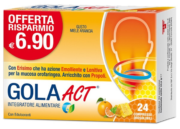 Image of Gola Act ad azione emolliente e lenitiva contro il mal di gola gusto miele e arancia 24 compresse cod085