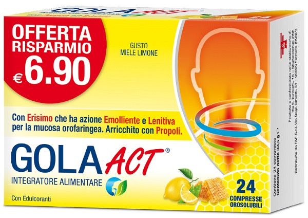 Image of Gola Act ad azione emolliente e lenitiva contro il mal di gola gusto miele e limone 24 compresse cod085