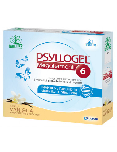 Psyllogel megafermenti 6 per l'uso prolungato del mantenimento dell'equilibrio della flora intestinale gusto vaniglia 21 bustine
