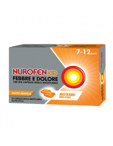 Nurofenkid febbre e dolore ibuprofene capsule molli da 7 a 12 anni gusto arancia 24 capsule molli masticabili 100mg