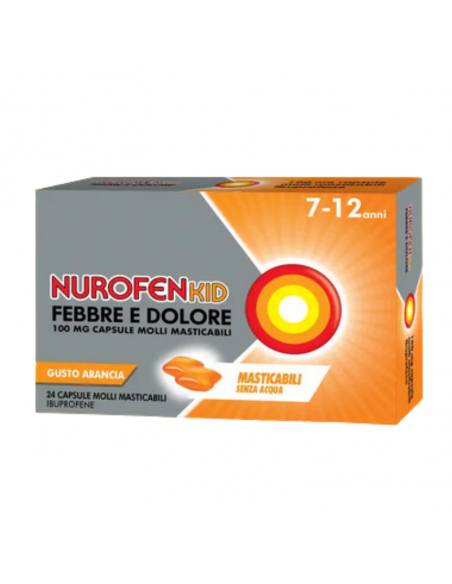Nurofenkid febbre e dolore ibuprofene capsule molli da 7 a 12 anni gusto arancia 24 capsule molli masticabili 100mg