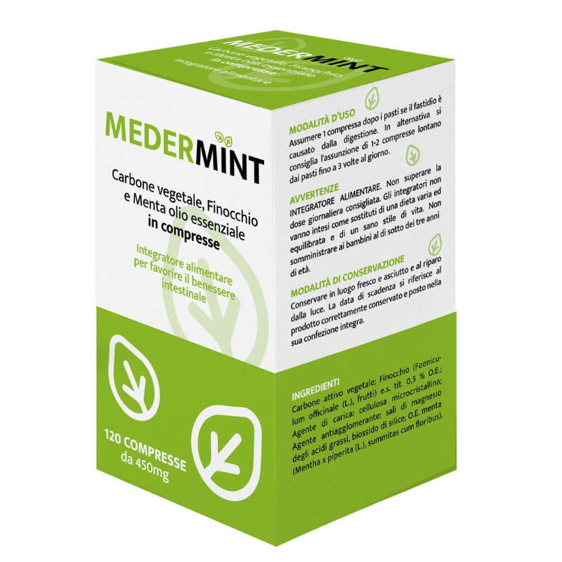 Medermint carbone vegetale per il benessere intestinale e per il meteorismo 120 compresse 450mg