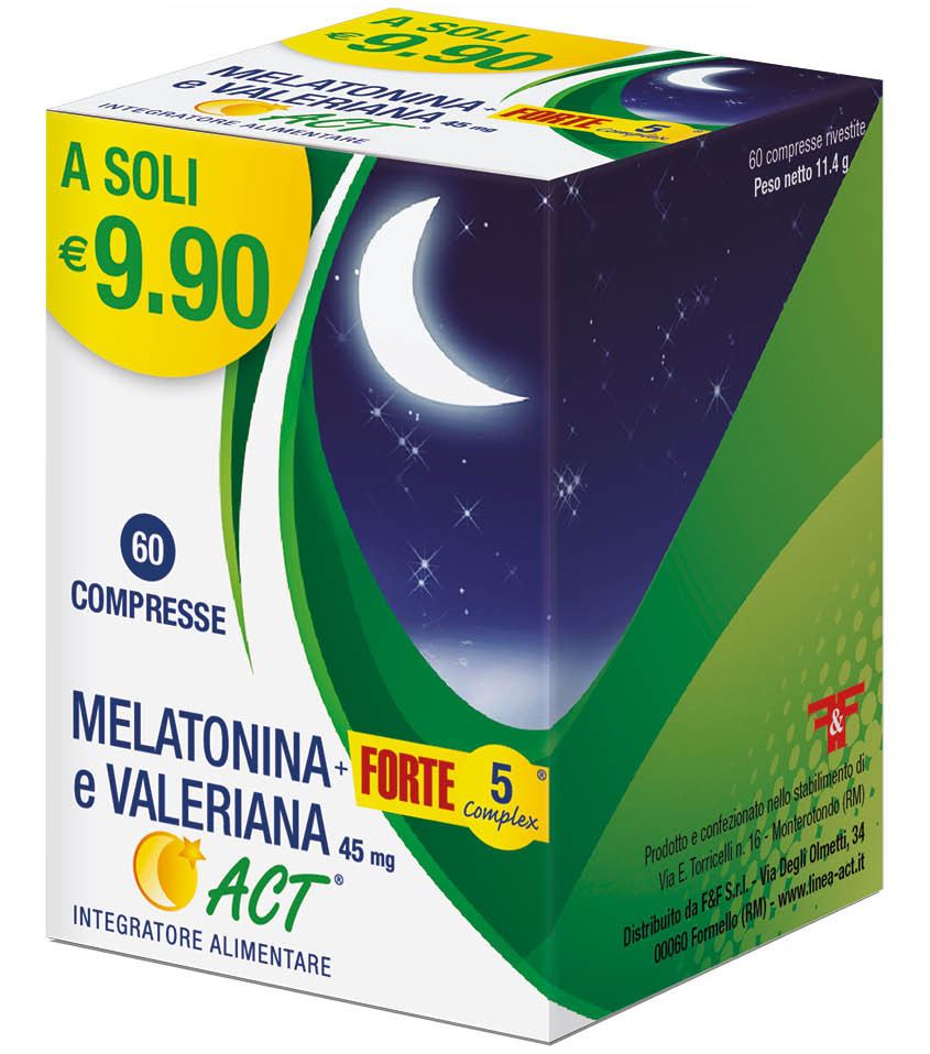 Image of Melatonina Act 1 mg e Valeriana +5 Complex Forte per il rilassamento e per ridurre i tempi di addormentamento 60 compresse cod085