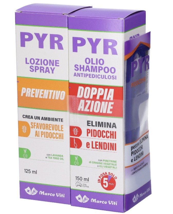 Pyr kit olio shampoo, spray preventivo e pettine